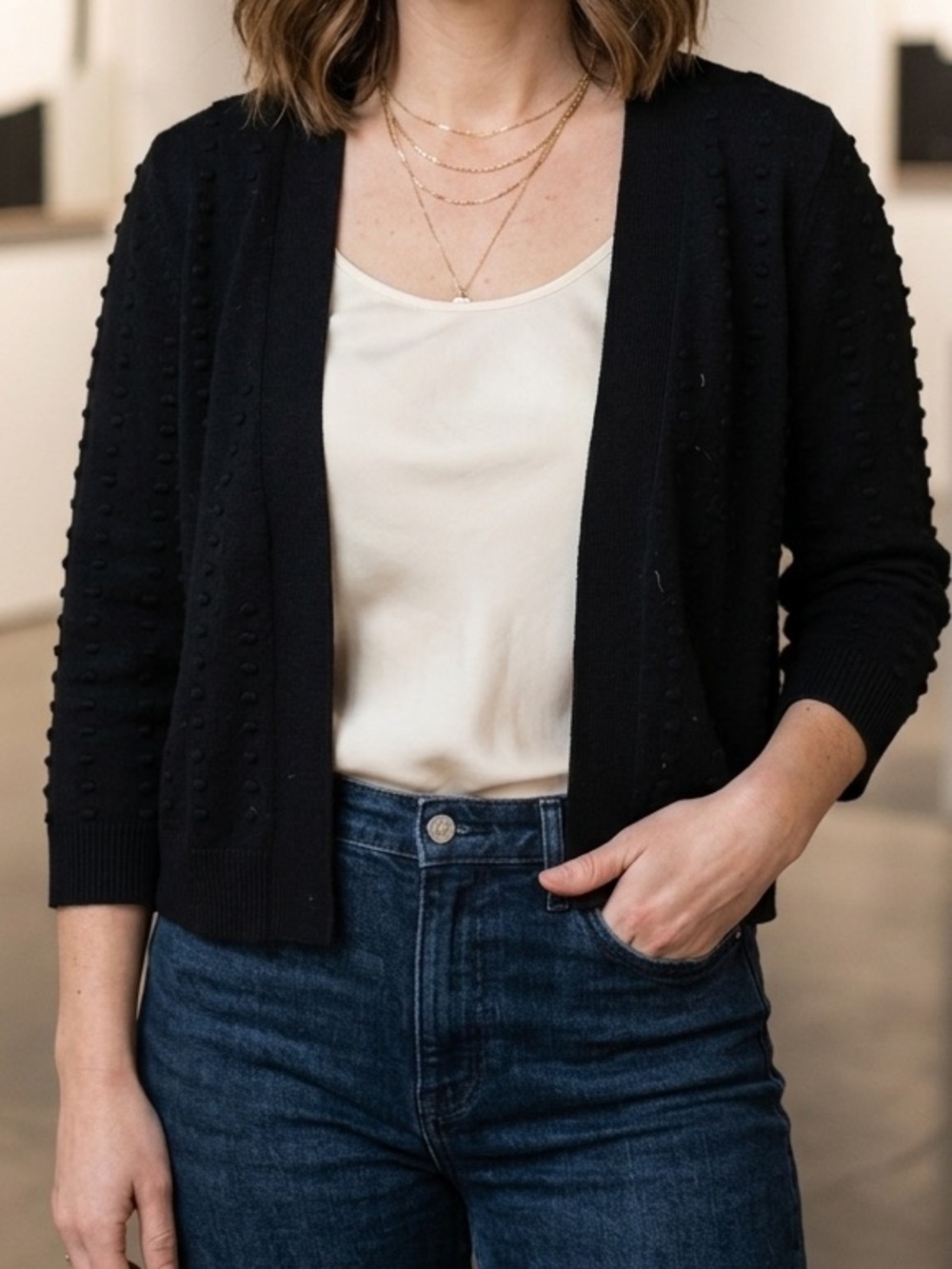 Tu Black Knit Open Cardigan with Textured Dot Detail